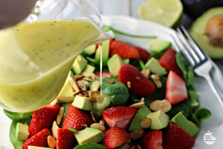 Strawberry, Avocado and Spinach Salad with Lime Poppy Seed Dressing | Renee's Kitchen Adventures - Healthy recipe makes a great meatless lunch or side dish! 