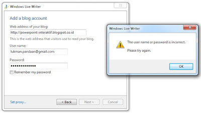 the username or password is incorrect at windows live writer
