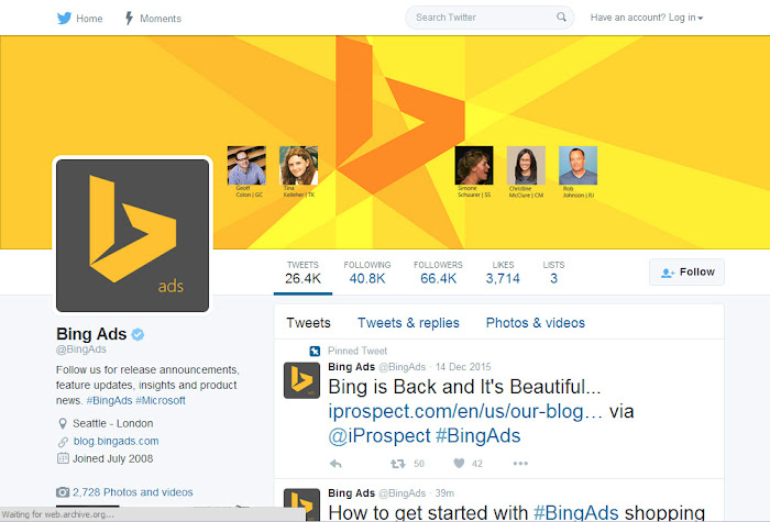 Microsoft Bing Ads Twitter account on Wayback Machine