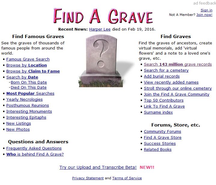 Budding Genealogists site Find A Grave