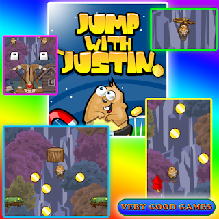 A banner with screenshot of free online arcade Jump with Justin on the gaming blog Very Good Games