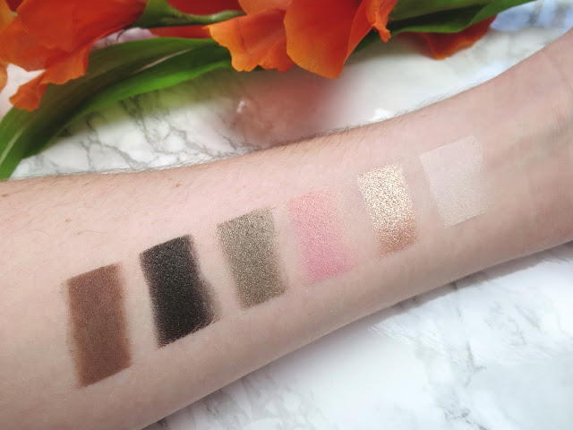 a picture of Too Faced Sweet Peach Palette (swatch, swatches) : White Peach (matte vanilla cream), Luscious (pearl peach champagne), Just Peachy (shimmering peachy pink), Bless Her Heart (golden moss), Tempting (bronzed black), Charmed, I'm Sure (matte medium cool brown)