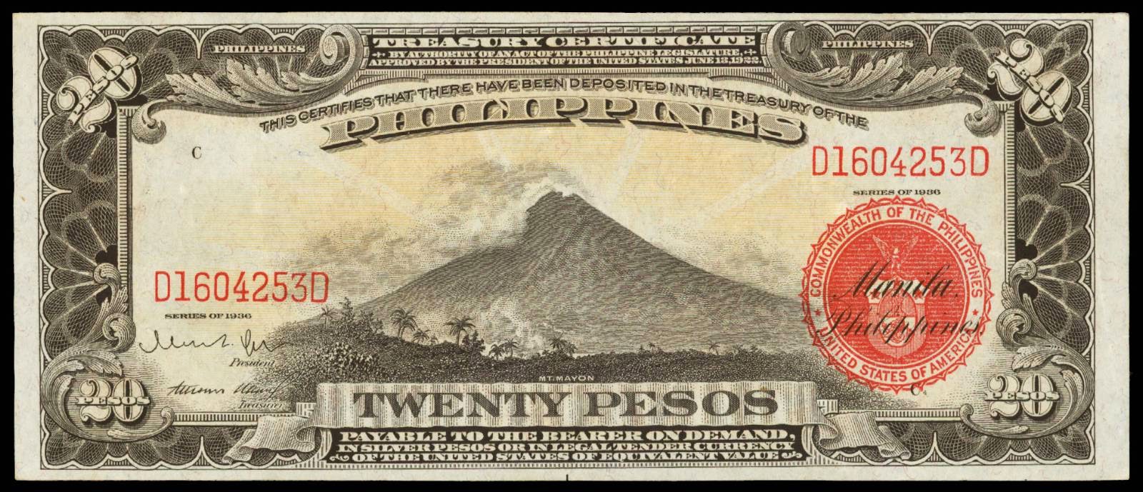 1936 Philippines Twenty Pesos Treasury Certificate