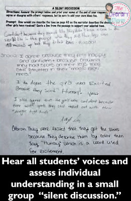 Using a silent discussion strategy allows for all students' voices to be heard and for the assessment of individual understanding of a text. Students practice agreeing or disagreeing and providing textual evidence just as they would in an oral discussion. Using a silent discussion strategy allows for all students' voices to be heard and for the assessment of individual understanding of a text. Students practice agreeing or disagreeing and providing textual evidence just as they would in an oral discussion.