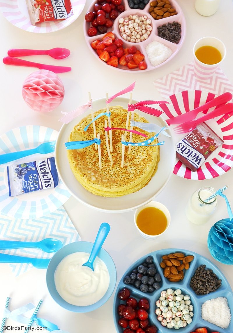 A Back to School Pancake Bar - easy,  tasty breakfast or after school snack ideas to kick off and celebrate the start of the school year in style for your kids! by BirdsParty.com @birdsparty #pancakebar #pancakepajamasparty #pancakesandpajamas #breakfastideas #backtoschool #backtoschoolbreakfast #afterschoolsnacks #lunchboxideas #lunchboxmeals