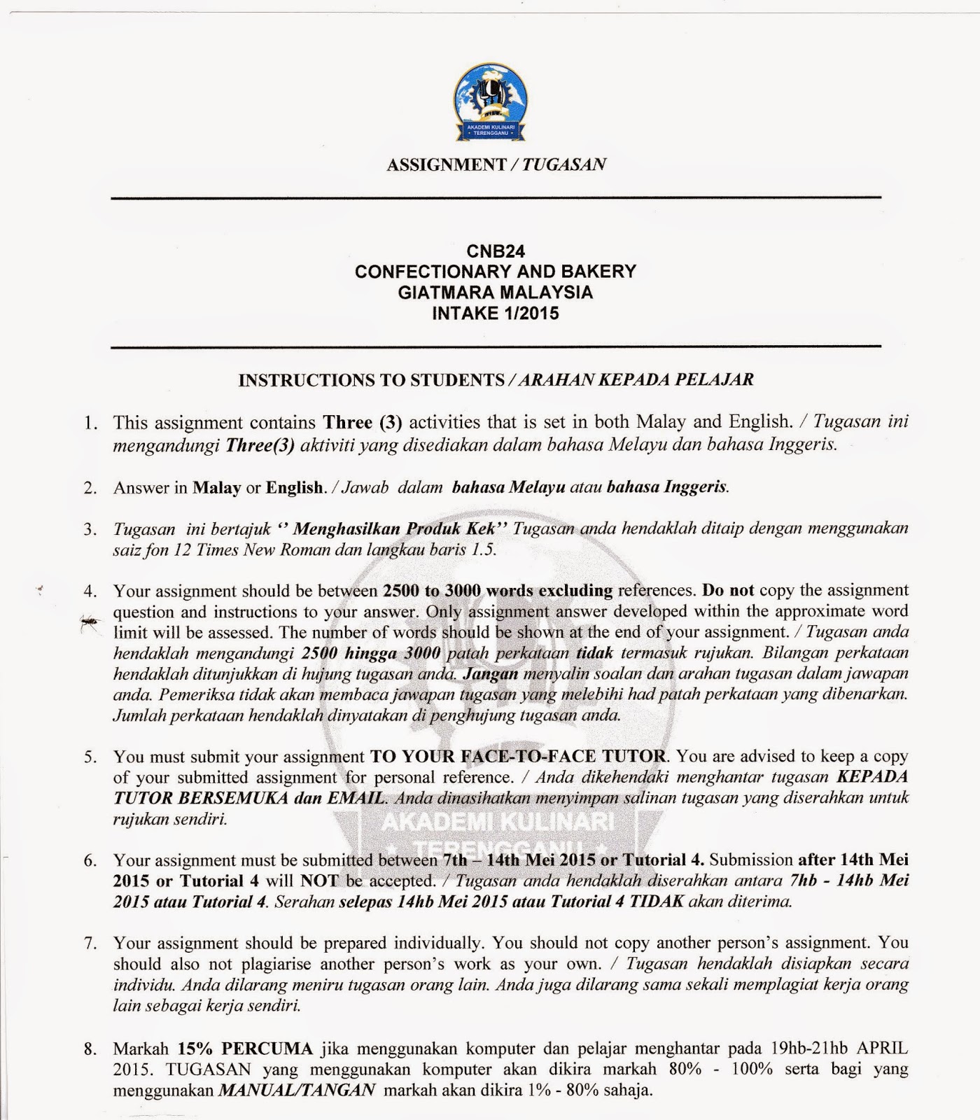 SYABAB BAKERY KUALA TERENGGANU ARAHAN Tugasan Menghasilkan Produk Kek