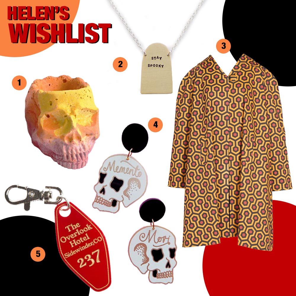 Helen's October Wishlist Spooky and stylish Halloween wishlist featuring a concrete skull planter by Studio Emma, Stay Spooky silver necklace by Oh Someday x I Like Cats, Th Shinin print coat from Pinup Girl Clothing, Momento Mori skull earrings by Misfit Makes and Overlook Hotel bag charm by Sugar & Vice