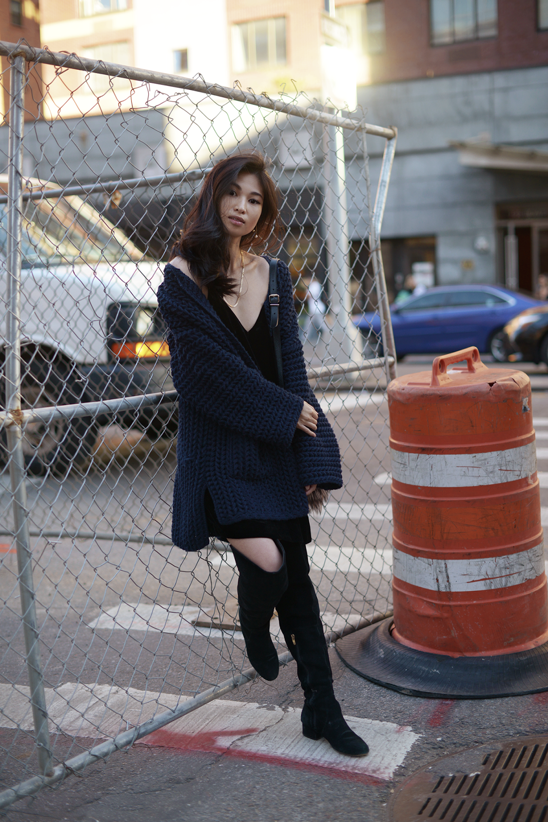 Chunky Knit Navy Cardigan and Velvet Slip Dress / FOREVERVANNY.com