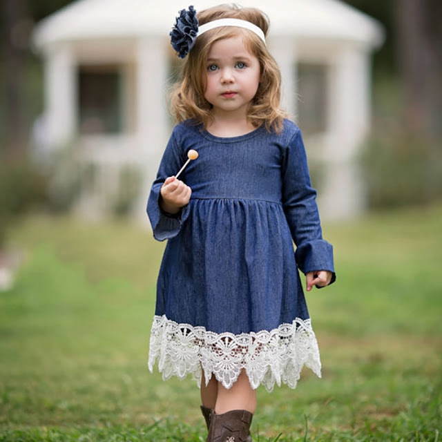 Denim Lace Hem Trumpet Sleeve Dress