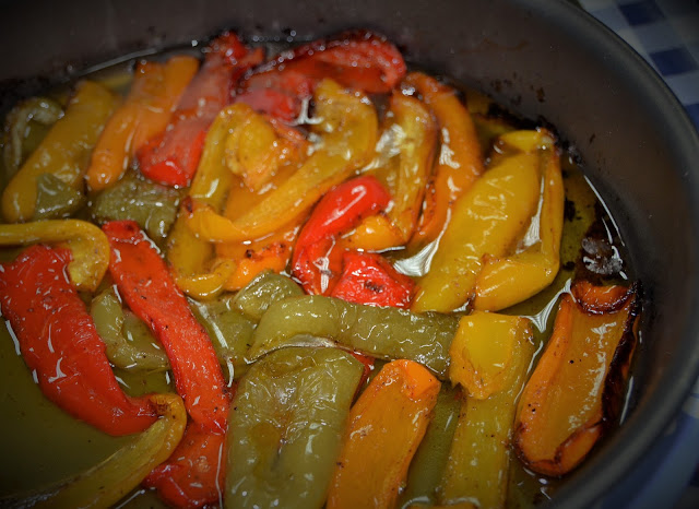 oven roasted peppers poached in olive oil