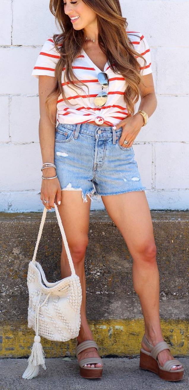 how to style a pair denim shorts : striped tee + bag + platform sandals