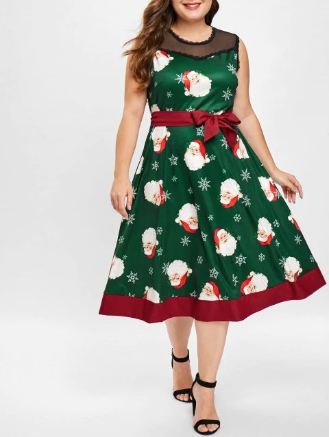 Plus Size Mesh Panel Christmas Santa Print Dress
