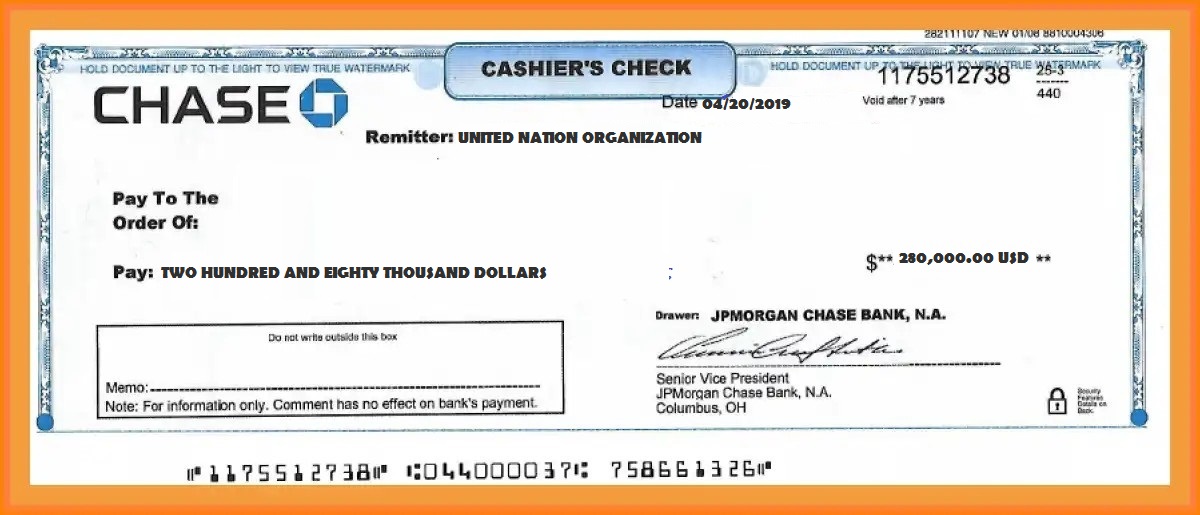 FROM CHASE BANK REGARDING YOUR CASHIER'S CHECK