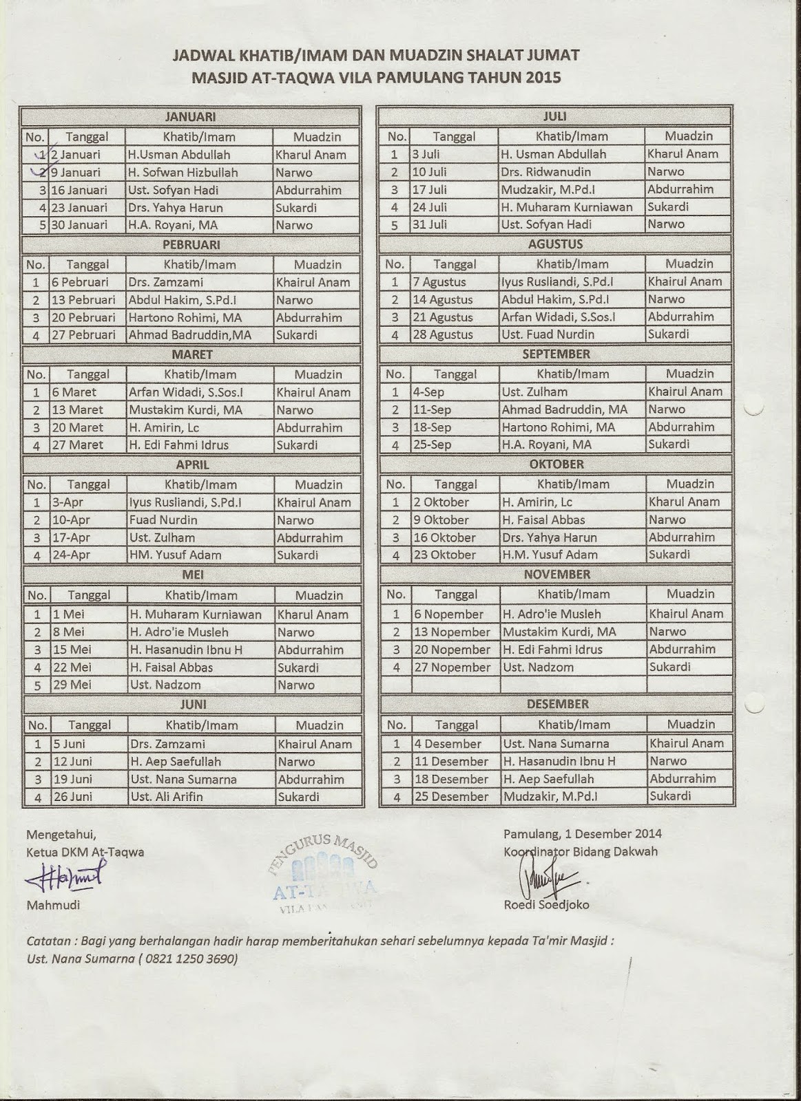 KEUTAMAAN MEMBANGUN MASJID JADWAL KHATIB/IMAM &amp; MUADZIN