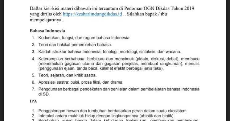 Download Materi Kisi Kisi Ogn Sekolah Dasar Sd Tahun 2019
