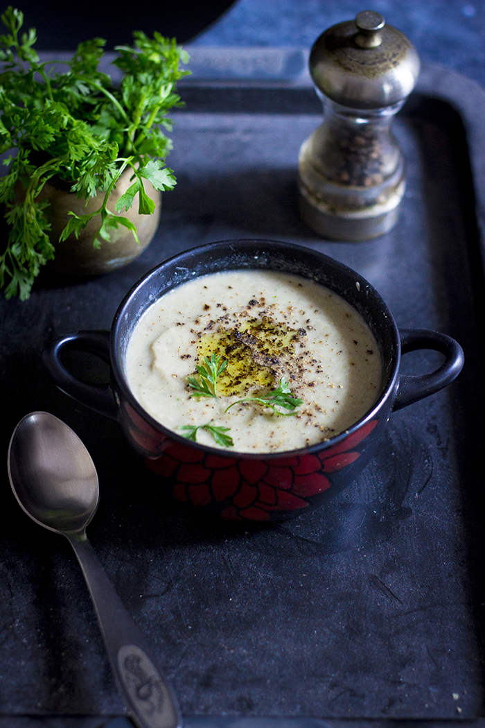 vegan soup made with mushrooms and leek
