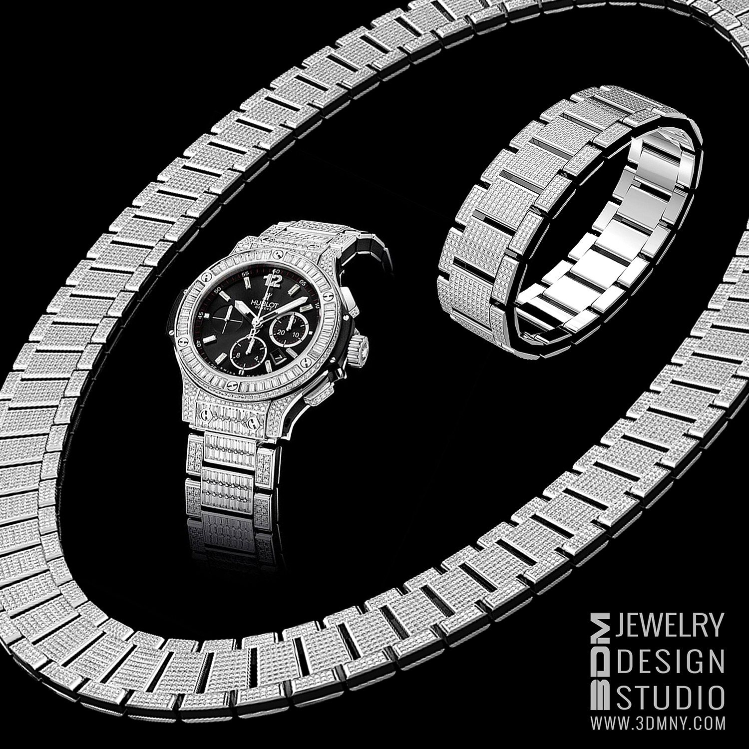 Custom design of a watch matching bracelet and chainnecklace with