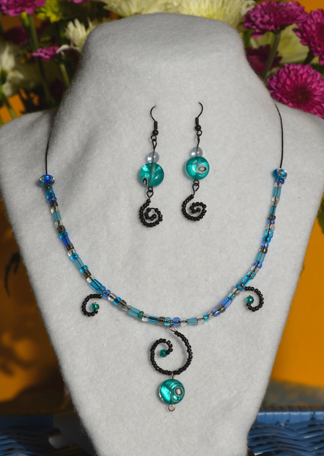 CraftyDee jewelry aqua and black swirl jewelry set