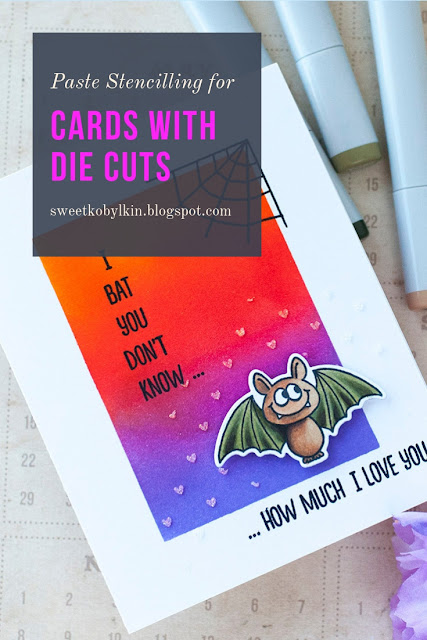 How to use texture pastes for cards with die cuts. Gerda Steiner Bats stamps https://sweetkobylkin.blogspot.com/2018/09/aaa-cards-game-124.html #inkblending, #copicsketch, #bats, #Halloween