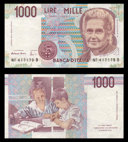 Maria Montessori's image featured on Italy's  1000 lire banknotes prior to the switch to the Euro