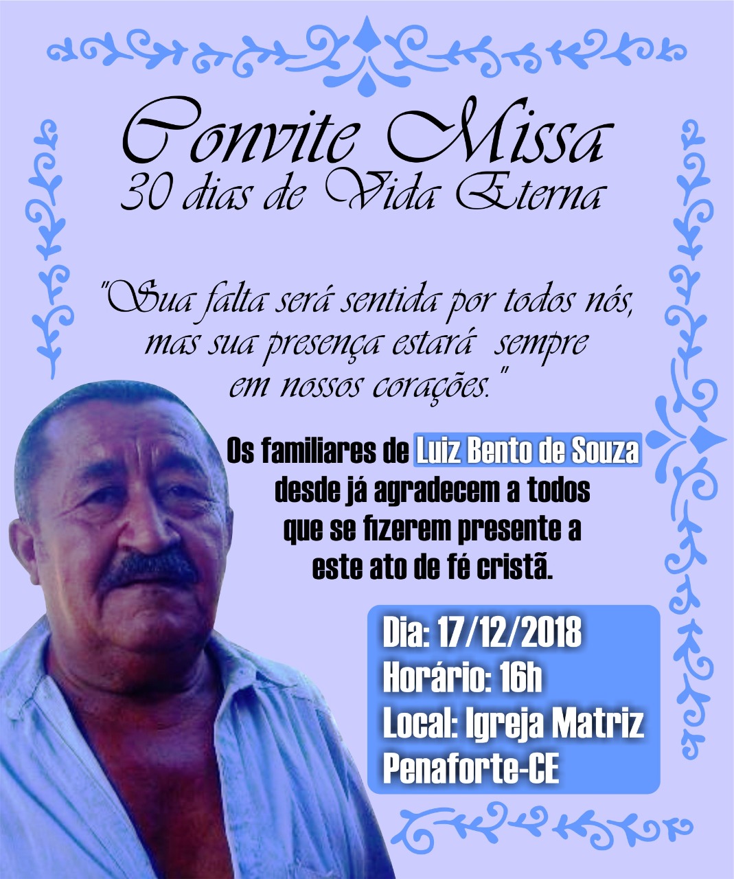 Convite Missa De 30 Dias De Vida Eterna De Luiz Bento Seu Luiz