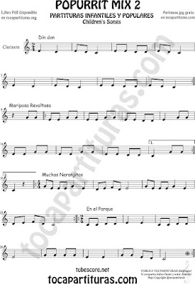 Mix 2 Partitura de Clarinete Popurrí Mix 2 Din Don, Mariposa Revoltosa, Muchas Naranjitas Sheet Music for Clarinet Music Score