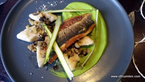 pan fried grey mullet with gnocchi, pea purée