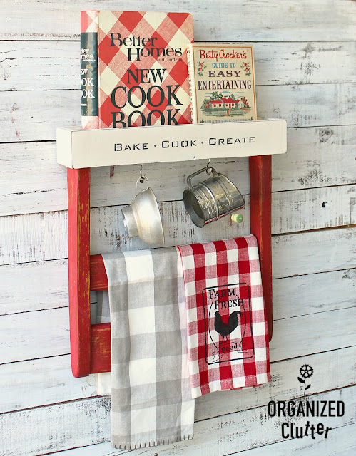 Chair Back Repurposed As Farmhouse Kitchen Decor #chairback #repurpose #repurposed #upcycle #homesteadhousemilkpaint #farmhousekitchen #farmhousestyle #cookbookdisplay #oldsignstencils