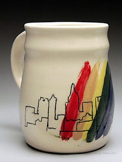 Wheel Thrown, Hand Carved, Ceramic Mug of City of Atlanta Skyline and Rainbow by Lori Buff