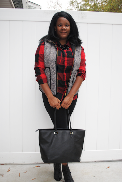 A holiday outfit inspiration post featuring a buffalo plaid shirt, herringbone vest, black pants and black booties.