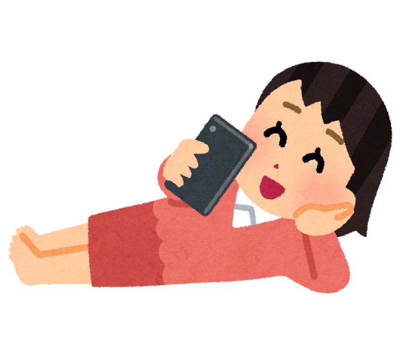 寝転がってスマホを使う人のイラスト（女性） | かわいいフリー素材集 いらすとや