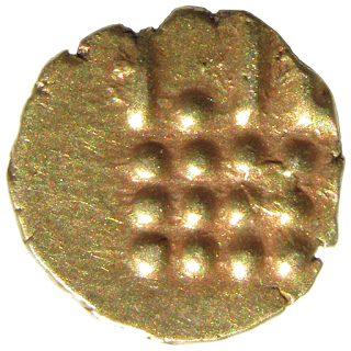 12 pellets coinsidered to represent the 12 Rasi or Zodiacal signs with lines and pellets beneath. Or abstract of stylistic Boar standing right similar to Hoysala fanam and vira raya.