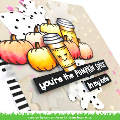 Pumpkin Spice Card by Samantha Mann for Lawn Fawnatics Challenge, Lawn Fawn, Distress Inks, Embossing Paste, Stencil, Fall, Autumn, Cards, Handmade Cards, die cuts, #lawnfawn #lawnfawnatics #cards #handmadecards #autumn #fall #pumpkinspice