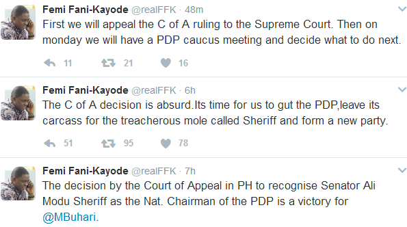 2AAA Court of Appeal's judgement recognising Ali Modu Sheriff as the Nat. Chairman of PDP is a victory for Pres. Buhari- FFK