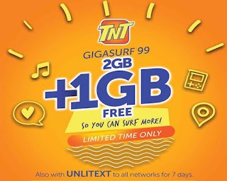 TNT GIGA99 – 3GB data and Unlimited Text to all Networks for 7 Days TNT GIGA99 – 3GB data and Unlimited Text to all Networks for 7 Days