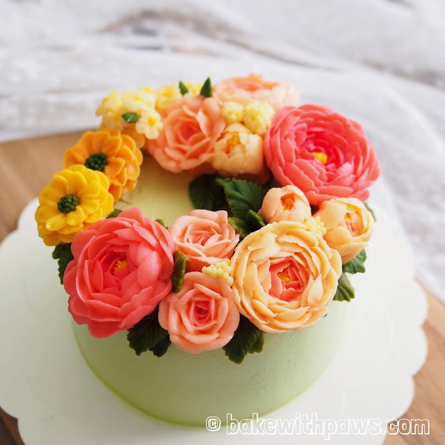 Korean Style Buttercream Flowers Cake 29 BAKE WITH PAWS