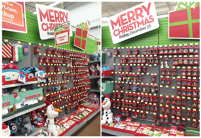 holiday display of Hallmark ornaments at Walmart