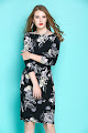 2017 Three Quarter Sleeve Light Yellow Flowers Black OL Dress