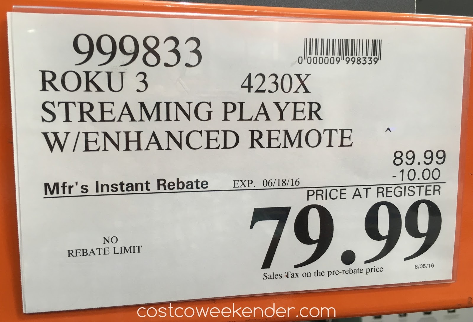Roku 3 4230X Streaming Player with Enhanced Remote Costco Weekender