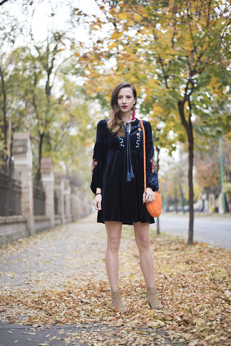 Boho Embroidered Velvet Dress in Navy Crochet Orange Bag Boho Embroidered Velvet Dress in Navy Crochet Orange Bag