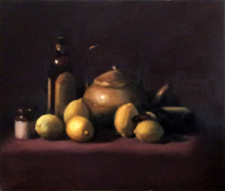 Oil painting of several lemons, a brass teapot, two bottles and a small earthenware jar.