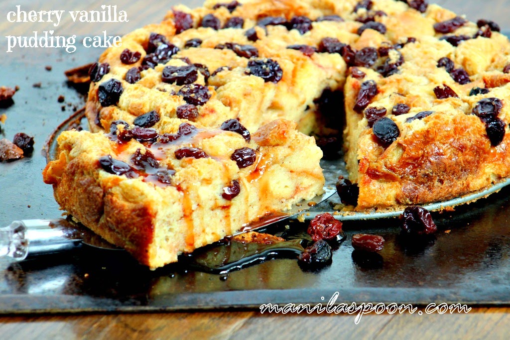 Much like a delicious French toast, this scrumptious bread and butter vanilla pudding cake is the best way to start your day! You can replace the cherries with other fruits so you can enjoy this cake no matter what the season! | manilaspoon.com