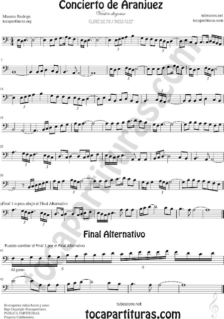  Trombón, Tuba Elicón y Bombardino Partitura del Concierto de Aranjuez Sheet Music for Trombone, Tube, Euphonium Music Scores (tuba en 8ª baja)