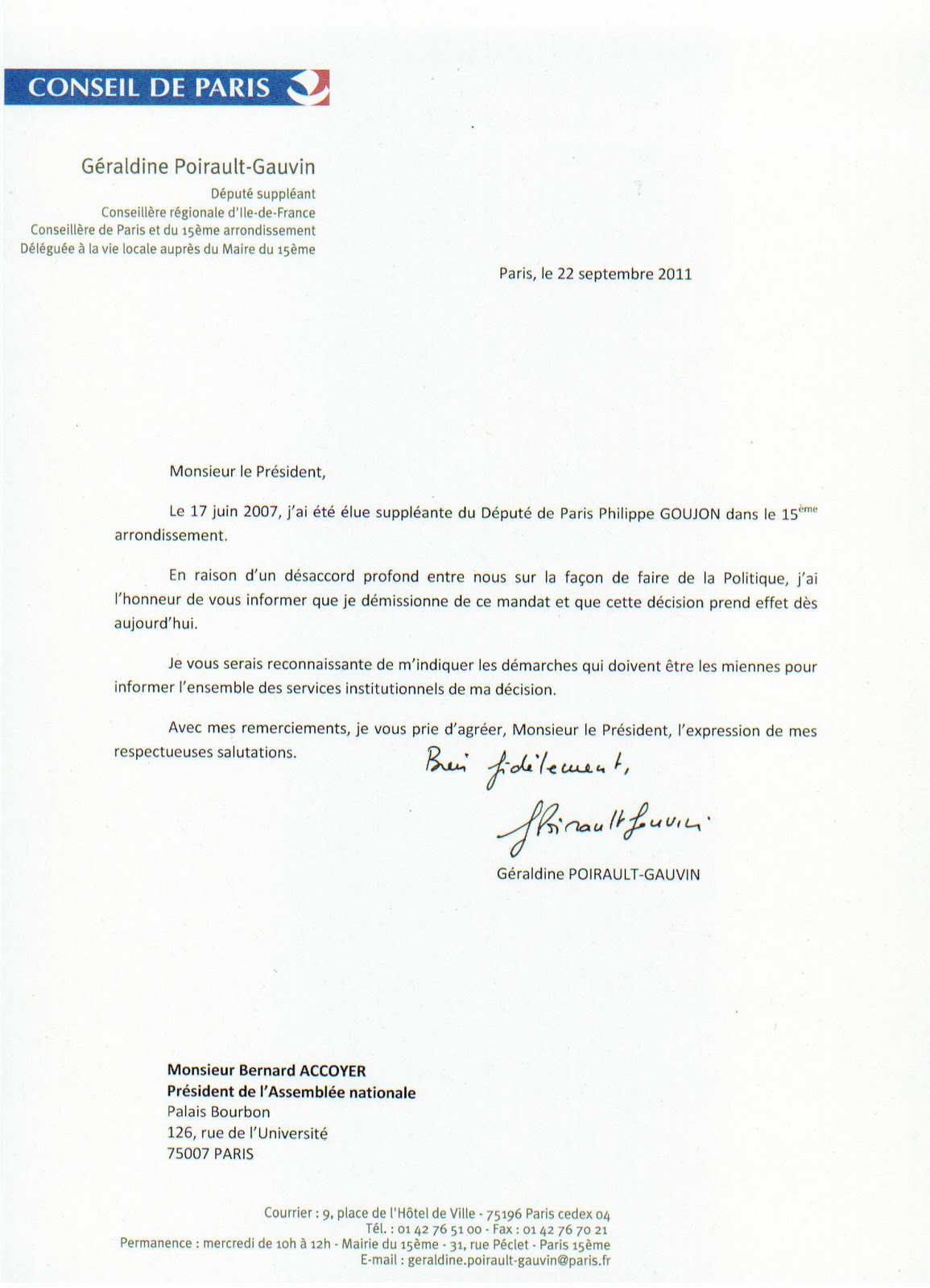 Génération Proximité Ma démission de mon mandat de suppléante du