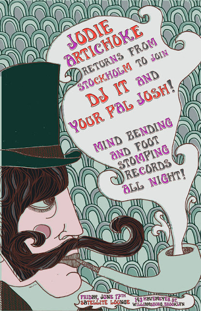 Artist Erin Klauk new poster for a DJ night at the Satellite Lounge in Williamsburg, Brooklyn. The Satellite Lounge is a neighborhood bar in the Williamsburg section of Brooklyn.