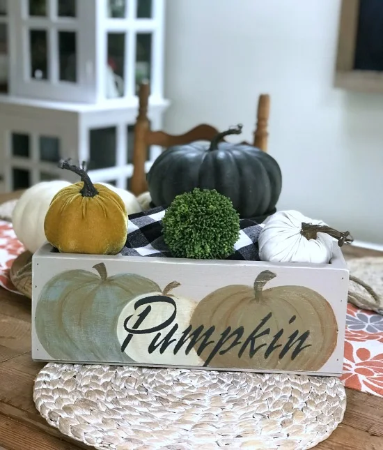 Stenciled Fall Pumpkin Crate on the table with pumpkins