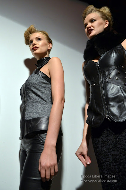 Models in a row before the exit to the catwalk for the Kathy Heyndels collection.