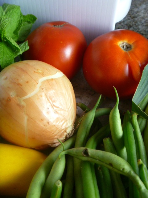 Farmers Market Bounty Summer Vegetable Soup with Chicken:  7 types of crisp, fresh from the farm, vegetables are the star of this dish! Cook them in a hearty chicken broth, laced with herbs, and add some tender roasted chicken and you have one healthy summer soup! - Slice of Southern