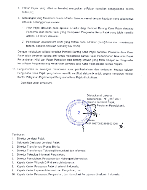 Pengumuman nomor PENG-06/PJ.02/2015 tentang Penegasan ATas e-Faktur
