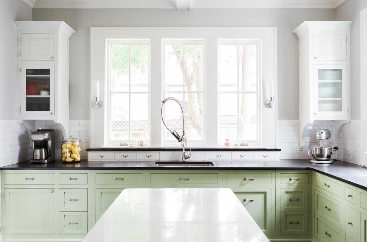 Modern farmhouse kitchen with bright green Shaker cabinets on Hello Lovely Studio
